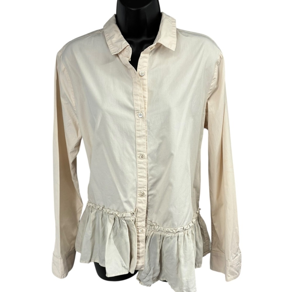 CLU Cream Button Front Ruffle Hem Shirt Mixed Media Cotton Silk Top Size XL